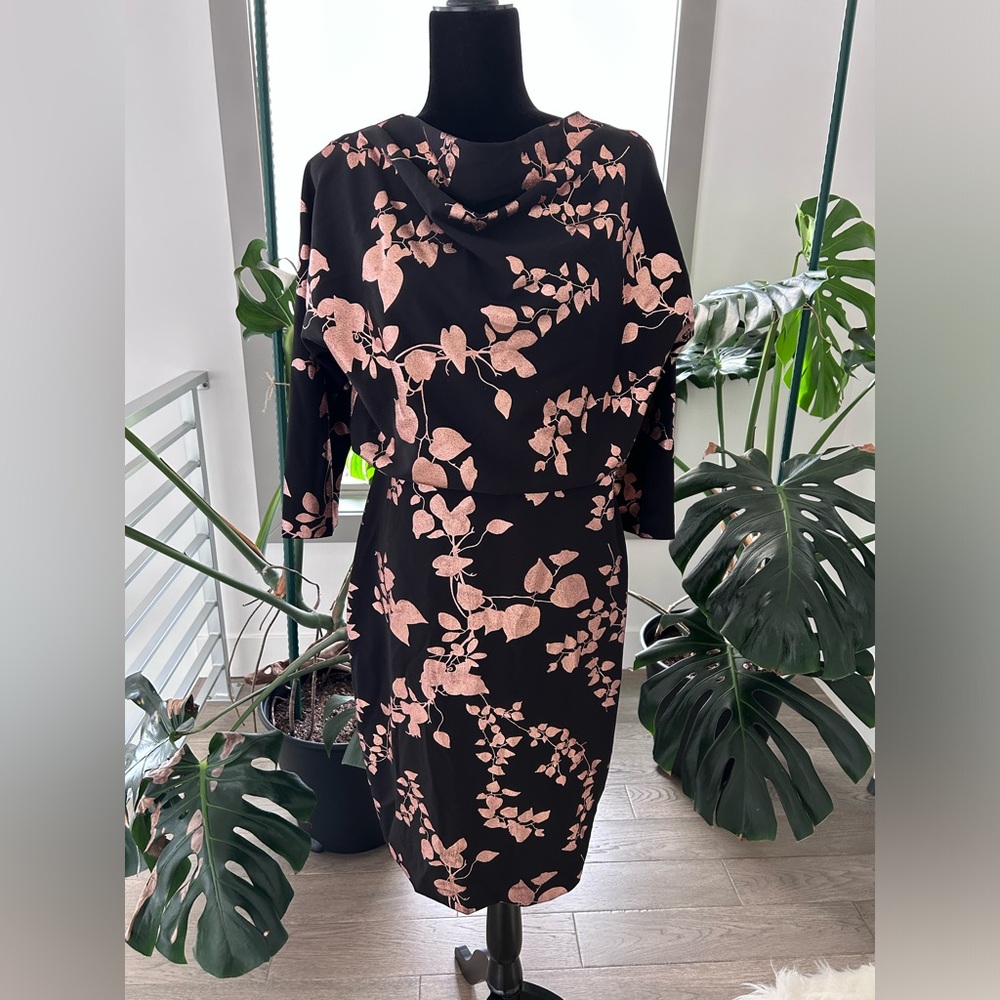 Badgley Mischka Foil Rose Gold Rose Print Dress size 12